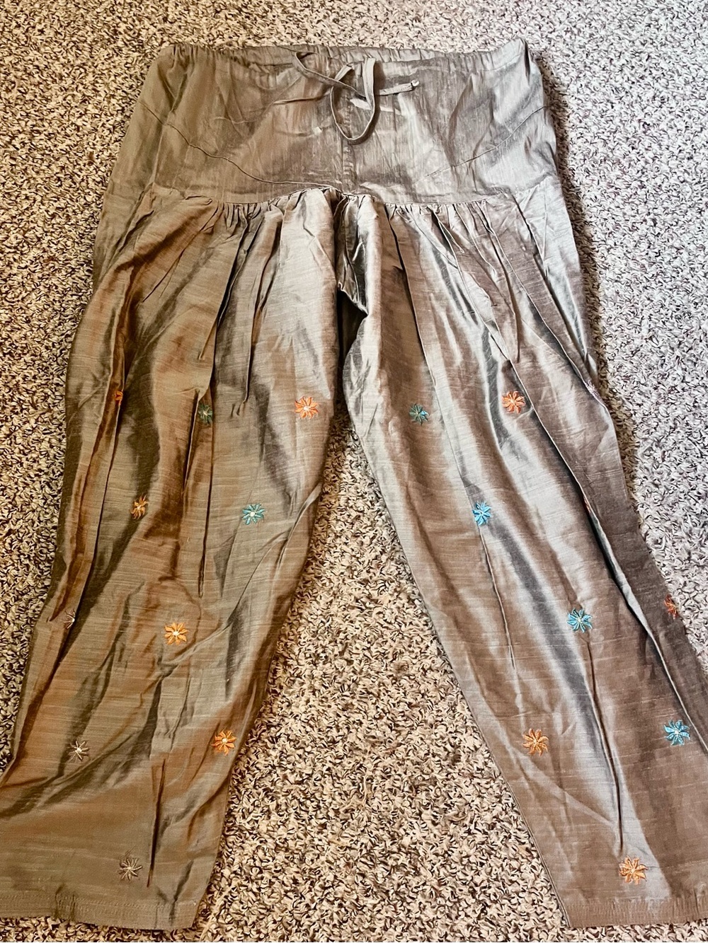 Embroidered Wide-Leg Harem Pants in Olive Green